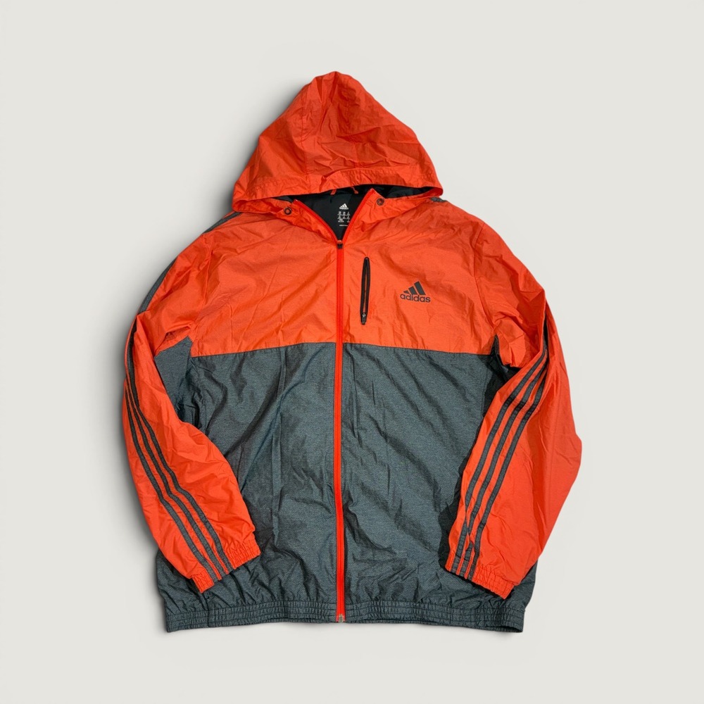 Adidas Windbreaker Jacket Womens 2XL Orange Grey Hooded Full Zip 3-Stripe